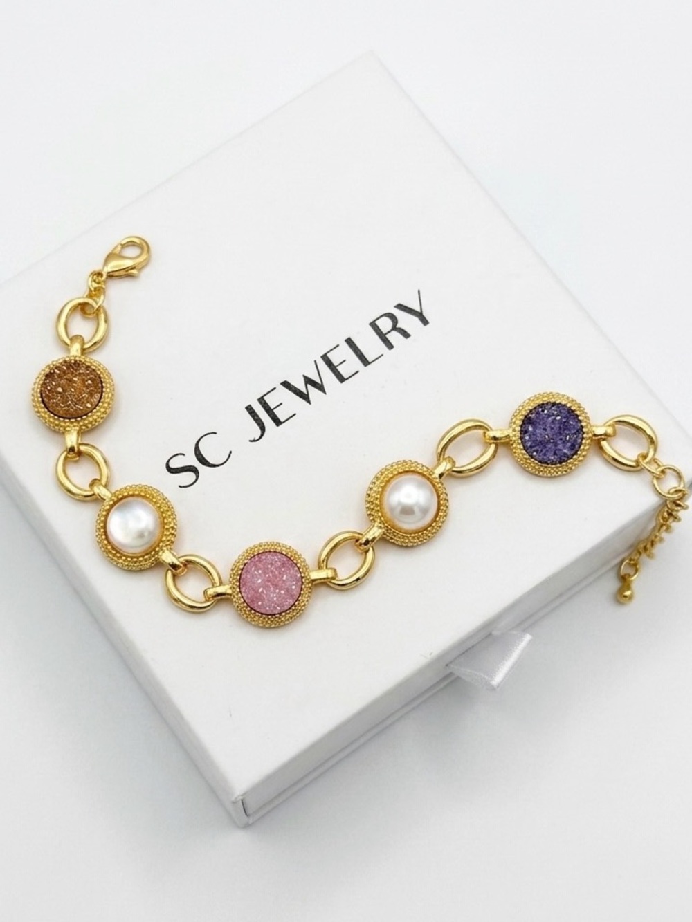 14k Gold Plated Gema-Inspired Austrian Crystal Station Bracelet Adjustable - Picture 2 of 4
